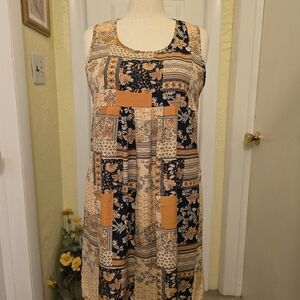 Patchwork Floral Midi Dress in Navy and Orange